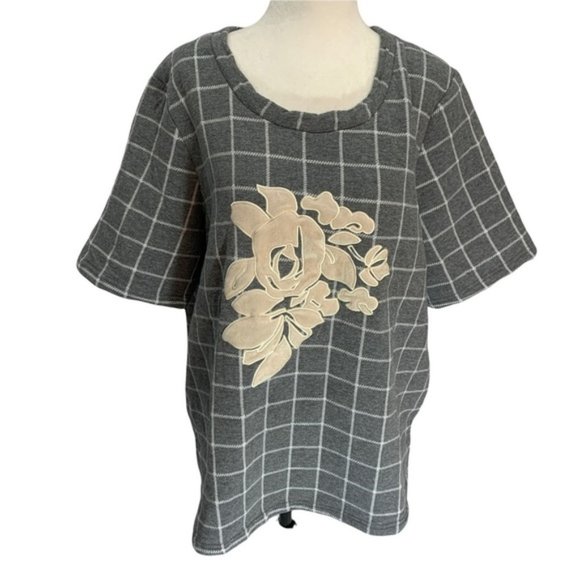 𝅺JUNAROSE🖤Grey Oversized Windowpane Short Sleeve Sweatshirt Top Size M - Picture 2 of 9